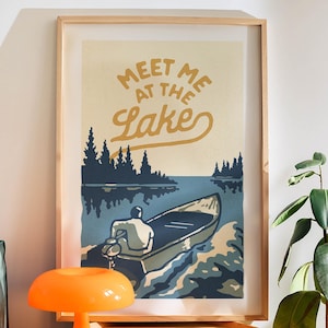 Retro Lake House Art Print Camping Poster Outdoorsy Gift for Friend Cabin Wall Art Camper Wall Decor Outdoors Artwork