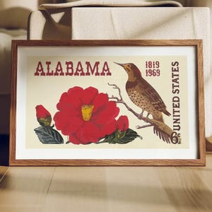 Retro Alabama Kunst Kamelie Druck Alabama Blume Stempel Poster Alabama Wandkunst Retro Zustand Wanddekor Geschenk für Reisende