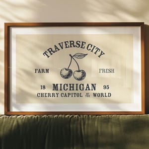 Traverse City Print Retro Michigan Art Cherry Poster Michigan Wall Art Retro United States Wall Decor Gift For Traveler or Michigander