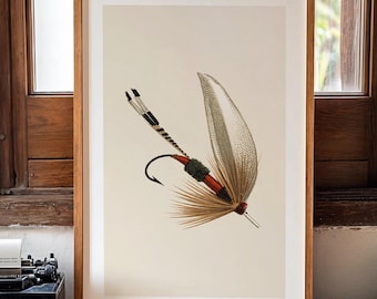 May include: A framed print of a detailed illustration of a fly fishing lure with brown, white, and red feathers.