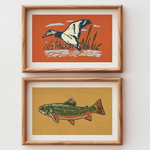 Stampe retrò sulla fauna selvatica, arte all'aperto, poster di germani reali e pesci, set di 2 stampe murali all'aperto, decorazioni per ufficio, arte murale naturalistica, regalo di caccia per papà