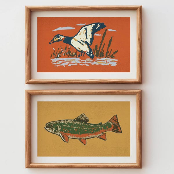 Retro wildlife prints buiten kunst wilde eend + vis posters set van 2 buiten muur prints kantoor decor natuur muur kunst jacht cadeau voor papa