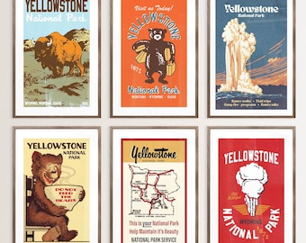 Yellowstone Park Prints: Retro Travel Wall Art, Set of 6