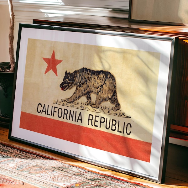 Retro California Art Print Outdoors Art Gift for Dad Nature CA Flag Poster Cabin Wall Decor Outdoorsy Wall Art Fishing Hunting Camp