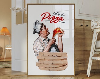 May include: A framed illustration of a man wearing a chef's hat holding a slice of pizza. The text "Let's do Pizza" is written in red and black above the man. The man is standing in front of a stack of pizza boxes.
