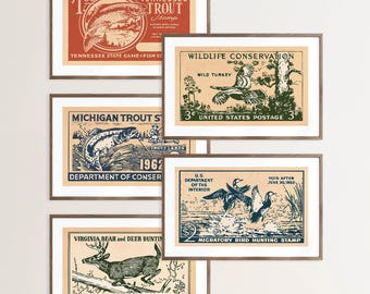 Stampe di francobolli naturalistici, arte retrò per esterni, regalo per cacciatori, set di 5 poster, arte da parete per la caccia, decorazione per la baita, regalo per amanti della vita all'aria aperta per papà