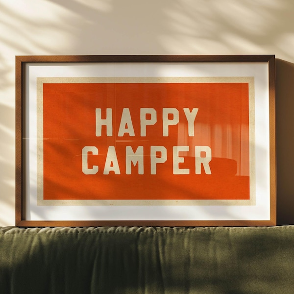 Retro Camp Print: Outdoors Art, Happy Camper Poster, Nature Art, Cabin Decor