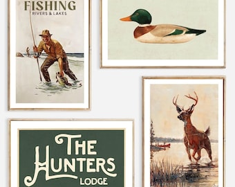 Láminas de caza y pesca de antaño. Póster retro con 4 diseños. Decoración de pared para cabaña o casa de campo. Regalo ideal para papá cazador.