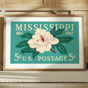 Retro Mississippi Art Magnolien Druck Mississippi Blume Stempel Poster Mississippi Wand Kunst Retro Zustand Wand dekor Geschenk für Reisende