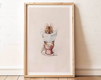 Reading Mouse Bathroom Art Print, Pink Vintage Style (Digital Download)