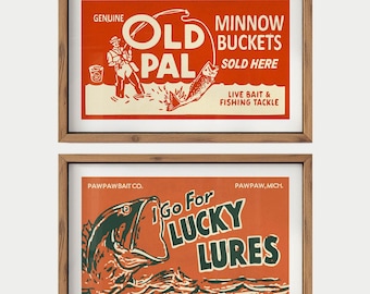 Old Time Fishing Gear Prints Retro Fishing Art Posters Set of 2 Fisherman Wall Prints Outdoors Art Angling Artwork Fishing Gift for Dad