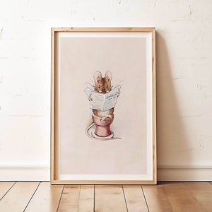 May include: A framed illustration of a brown mouse sitting on a pink toilet and reading a newspaper that says "The Daily Mouse".