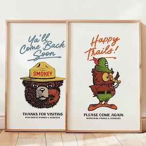 Impresiones de Parques Nacionales, regalo para viajeros, pósteres retro de Smokey + Owl, juego de 2 impresiones de viajes retro, arte de pared al aire libre, decoración de habitación infantil