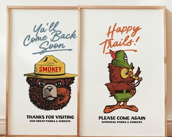 National Park Prints Gift For Traveler Retro Smokey + Owl Posters Set of 2 Retro Travel Prints Outdoorsy Wall Art Kids Room Decor