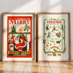 Spirit of Christmas Prints Retro Holiday Art Set of 2 Festive Christmas Posters Kitchen Wall Art Gift for Home Seasonal Kitchen Decor