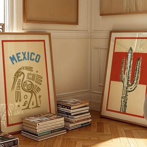 Retro Mexiko Reisedruck 2er Set Mexiko Kunst Vogel + Kaktus Poster Buntes Mexikanisches Kunstwerk Geschenk für Reisende Outdoorsy Wandkunst
