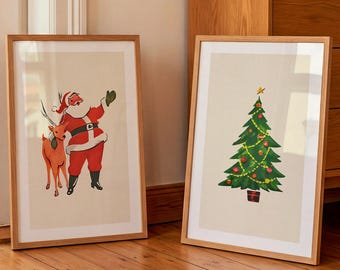 Happy Santa Prints: Retro Christmas Art Set of 2, Festive Holiday Decor