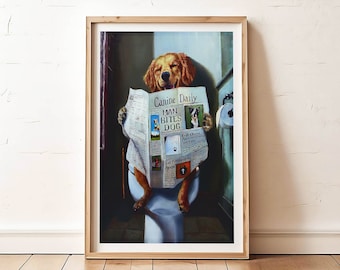 May include: A golden retriever dog sitting on a toilet, reading a newspaper with the headline "Man Bites Dog". The newspaper is called "Canine Daily".
