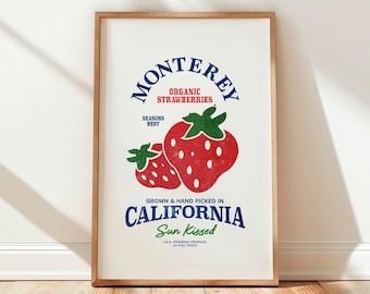 Stampa di fragole da fattoria, decorazione da cucina retrò, fragole della California, arte murale da cucina, poster retrò di fragole, regalo da cucina per la casa