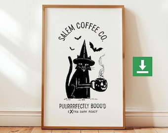 Spooky Coffee Print kat koffie muur kunst Halloween decor keuken koffie poster digitale download afdrukbare kunst koffie minnaar cadeau voor vriend