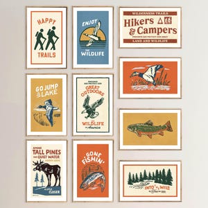 Fun Camping Prints Retro Outdoors Art Gift for Kids Room Nature Art Set of 10 Wildlife Posters Cabin Wall Decor Outdoorsy Wall Art image 1