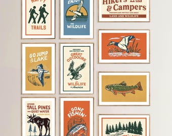 Fun Camping Prints Retro Outdoors Art Gift for Kids Room Nature Art Set of 10 Wildlife Posters Cabin Wall Decor Outdoorsy Wall Art