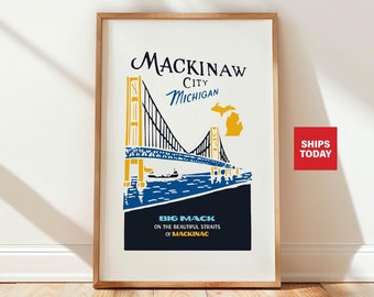 Mackinaw Travel Print Michigan Art Wall Decor Retro Michigan Travel Poster Mackinaw City Wall Art Gift For Traveler Outdoorsy Wall Decor