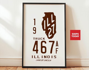 Lámina decorativa del estado de Illinois. Arte de pared de Illinois. Decoración retro para viajeros. Regalo ideal para viajeros. Símbolo rústico del estado de EE. UU.