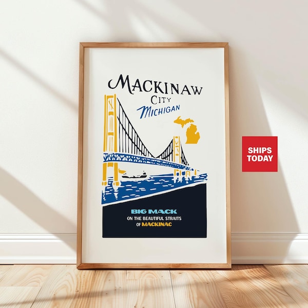 Mackinaw Travel Print Michigan Art Wall Decor Retro Michigan Travel Poster Mackinaw City Wall Art Gift For Traveler Outdoorsy Wall Decor