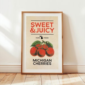 Wiśnie z farmy, wydruk w stylu retro, dekoracja kuchenna w stylu retro, wiśnie z Michigan, sztuka ścienna do kuchni, plakat z wiśniami w stylu retro, prezent kuchenny do domu