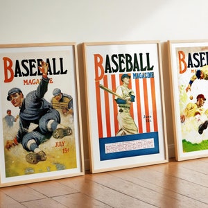 Retro Baseball Art Prints Vintage Baseball Poster Set of 3 Baseball Wall Decor Retro Sports Wall Art Gift for Baseball Fan