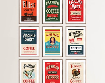 Retro Coffee Label Prints: Country Kitchen Art Kaffee Poster Set