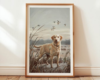 Hunting Dog Painting Retro Hunting Print Golden Retriever Art Hunting Wall Decor Outdoorsy Wall Art Dog Poster Cabin Artwork Gift For Hunter