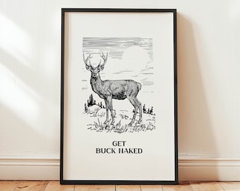 Buck Naked Deer Bathroom Art Print - Funny Washroom Poster