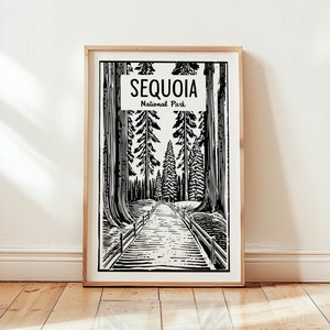 Drzeworyt Sekwoja Podróż Drukuj Retro Sekwoja Sztuka Dekoracja Ścienna Kalifornia Podróż Ścienna Sztuka Sierra Nevada Las Outdoors Prezent Dla Podróżnika