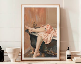 Vintage Woman in Bathtub Print, Mid-Century Bathroom Wall Art