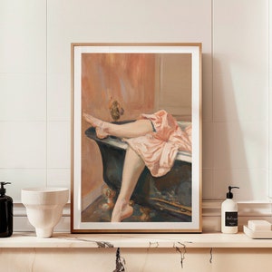 Póster de arte de pared con pintura clásica para el baño de una mujer, impresión de estilo vintage, decoración de mediados de siglo, decoración de pared para el dormitorio de una mujer, regalo divertido en color rosa para ella