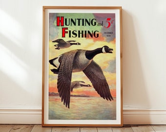 Póster vintage de caza y pesca: Impresión artística de pared de cabaña retro con temática de actividades al aire libre