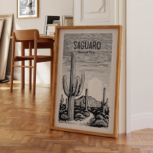 Holzschnitt Saguaro Reise-Druck Retro Saguaro Kunst Wand-Dekor Arizona Reise Wandkunst Wüste Kaktus Outdoorsy Western Geschenk für Reisende