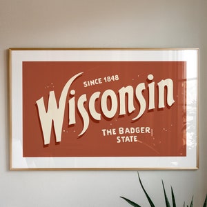 Impresión artística retro de Wisconsin, póster del estado de Badger, decoración de pared de Wisconsin, arte de pared retro de Estados Unidos, regalo para viajeros o habitantes de Wisconsin