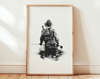 River Man Fly Fishing Print Black + White Fisherman Art Poster Angler Wall Decor Fishing Artwork Outdoorsy Gift for Dad