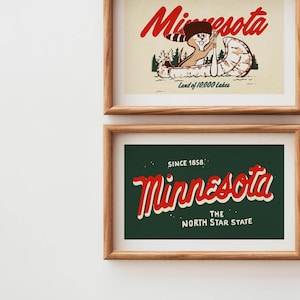 Juego de 2 impresiones de viaje retro de Minnesota, pósteres del estado de la Estrella del Norte, lagos de Minnesota, regalo para viajeros, arte mural al aire libre