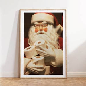 Babbo Natale dipinto bagno arte divertente poster stampa stile vintage vacanze di Natale arte da parete toilette umorismo arredamento classico bagno regalo divertente