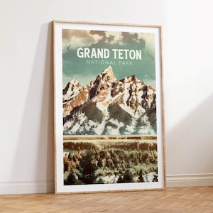 Grand Teton Park Print Country Travel Decor Mountain Wilderness Vintage Style Poster Outdoors Wall Art Wildlife Adventure Gift for Friend