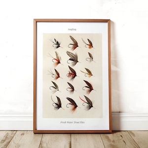 Stampa di pesca alla trota con mosche, opera d'arte vintage con pescatore, arte murale rustica da parete, regalo per papà, poster retrò da parete per attività all'aria aperta
