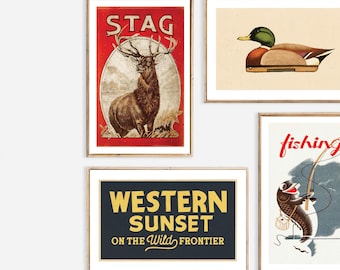 Póster de caza retro con impresiones de peces y caza de antaño, juego de 4, decoración de pared para pesca y caza, arte de pared para cabaña al aire libre, regalo para papá cazador