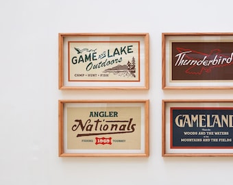 Póster de arte de caza y pesca con impresiones retro al aire libre, juego de 4, decoración de pared de caza y pesca, arte de pared de cabaña al aire libre, regalo para papá pescador
