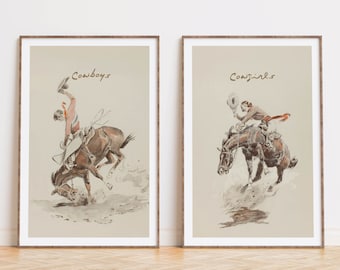 Bathroom Art Cowboy Cowgirl Set of 2 Prints Bathroom Wall Art Bathroom Decor Guest Bathroom Paintings Vintage Western Wall Hangings