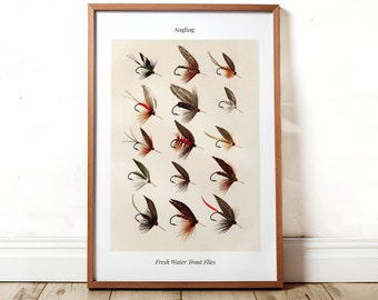 Trout Flies Fishing Print Vintage Angler Artwork Rustic Cabin Wall Art Fisherman Gift For Dad Retro Outdoorsy Wall Decor Poster