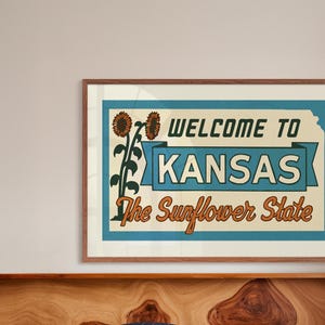 Impresión retro de bienvenida de Kansas, arte de Kansas, cartel de señal de tráfico de Kansas, arte de pared de Kansas, decoración de pared retro del estado, regalo para viajeros o habitantes de Kansas